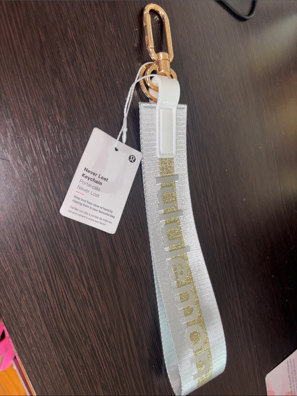 lululemon athletica Silver Wristlet Keychain with Gold Hardware